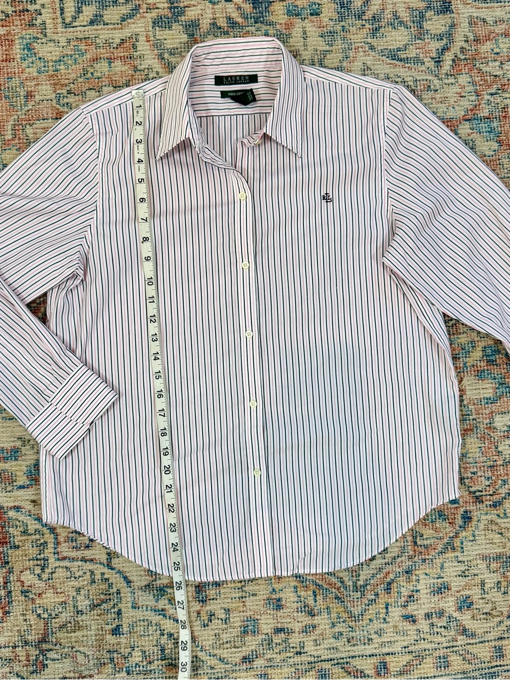 Lauren Ralph Lauren Shirt L Pink Black Pinstripe 100% Cotton Non Iron Preppy - Picture 7 of 10